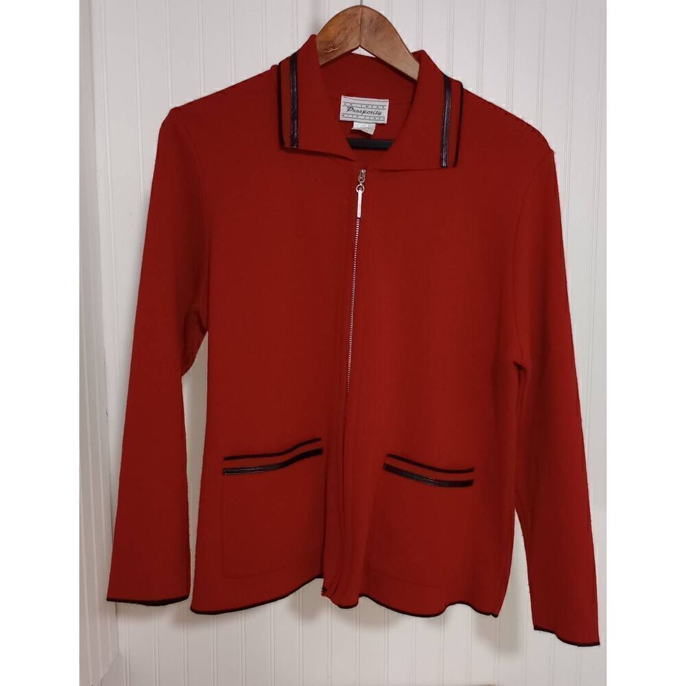 Vintage Prosperity red & black zip front cardigan size large